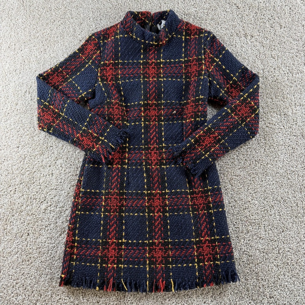 Pink & Flare Dress Womens M Blue Plaid Tweed Long Sleeve Mock Neck Fringe